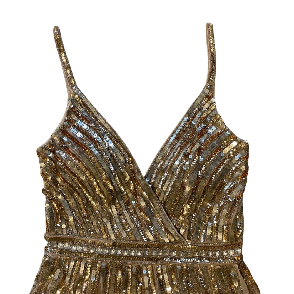 Mac Duggal Wrap Front Beaded Maxi Dress Full Length Gown Gold Sequins Women's 2 - Picture 9 of 16